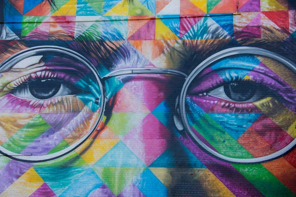 Eduardo Kobra street art - a large and colorful mural depicting John Lennon created during the 2017 Upfest in Bristol, England.