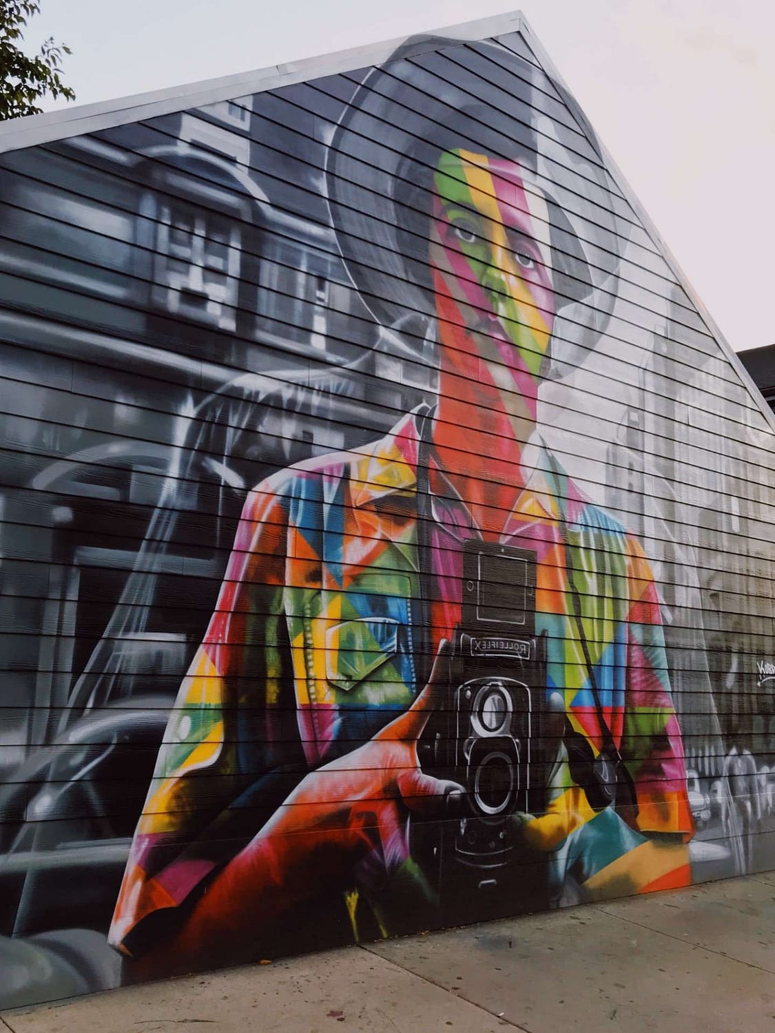 Wall size mural - a colorful painting of Vivian Maier's old black and white selfie photograph.