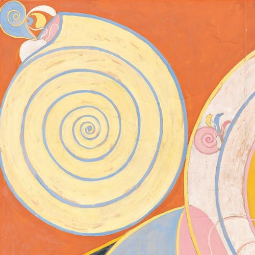 Large yellow spiral pattern - from the top left section of Hilma af Klint's painting called The 10 Largest -- painted in 1907.