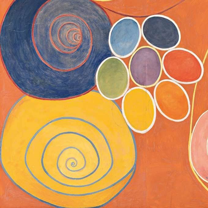 Blue and yellow spirals, and a color wheel. A cut out section from the bottom left Hilma af Klint's painting called the 10 Largest -- painted in 1907.